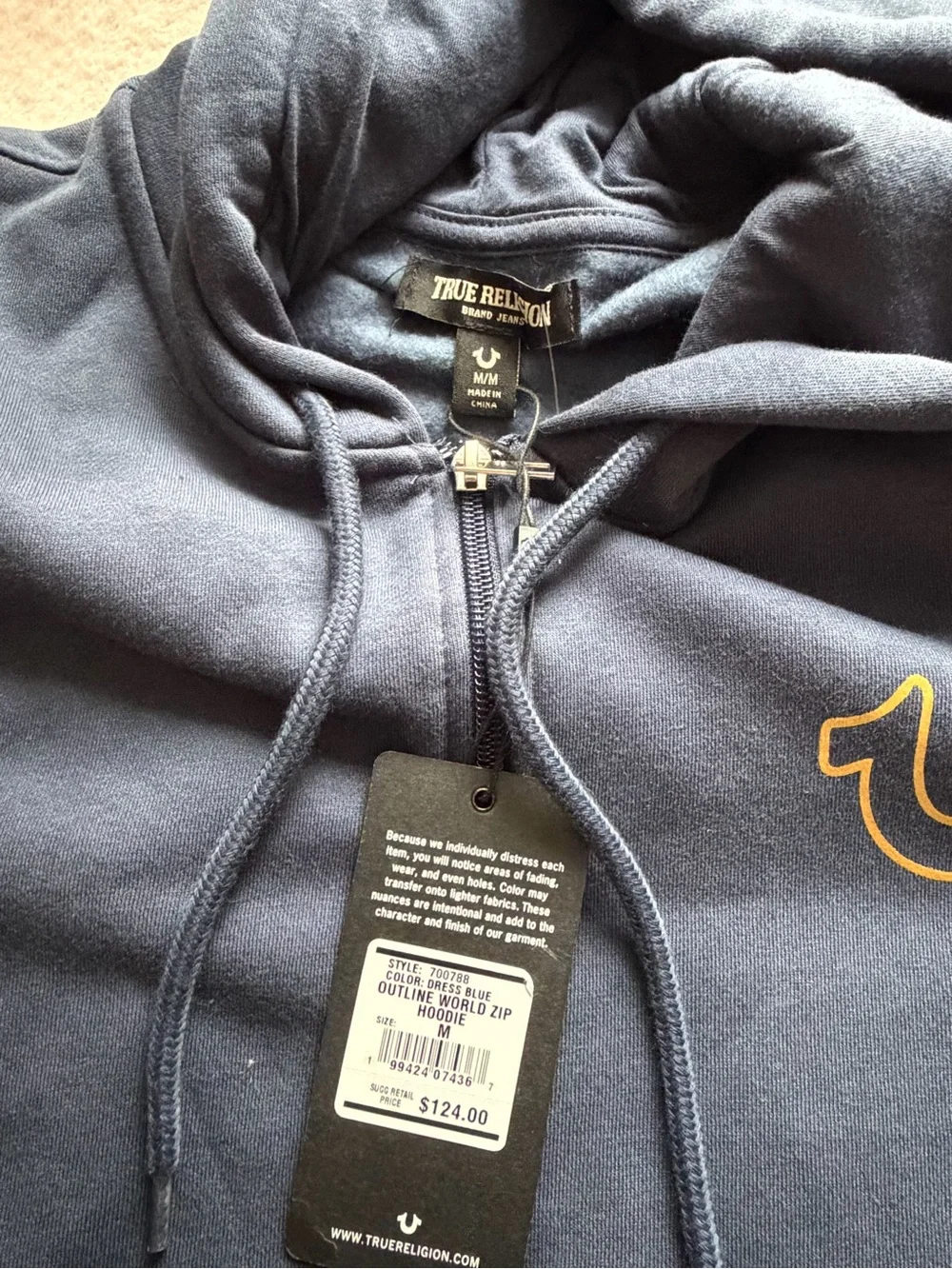 True Religion Navy Full-Zip Hoodie with Yellow Horseshoe Accent